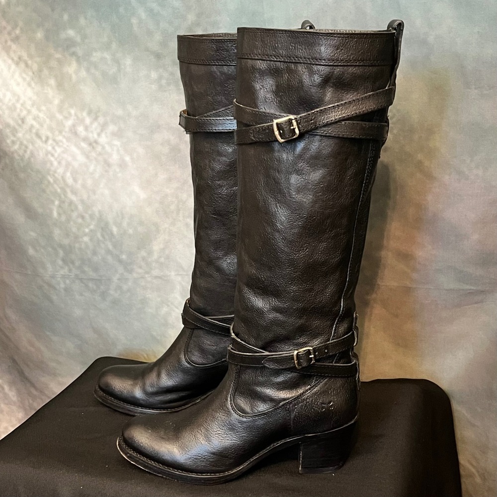 Frye Jane Strappy Black Leather Buckle Strap Knee High Western Motorcycle Boots‎